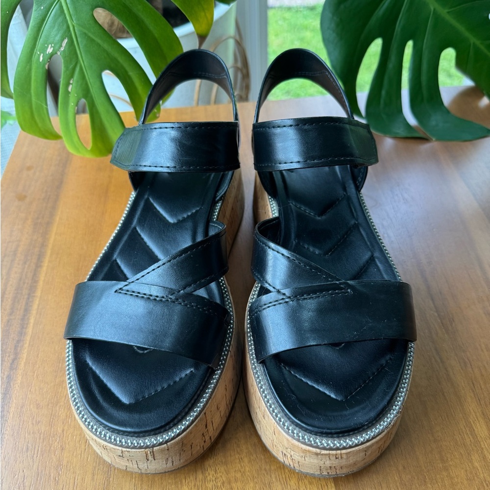 Franco Sarto Black Leather Cork Platform Sandals - Picture 3 of 11